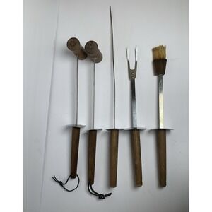 Vintage Androck Mid-century‎ Fondue & BBQ Tool Set – 5 Pc Wooden Handles